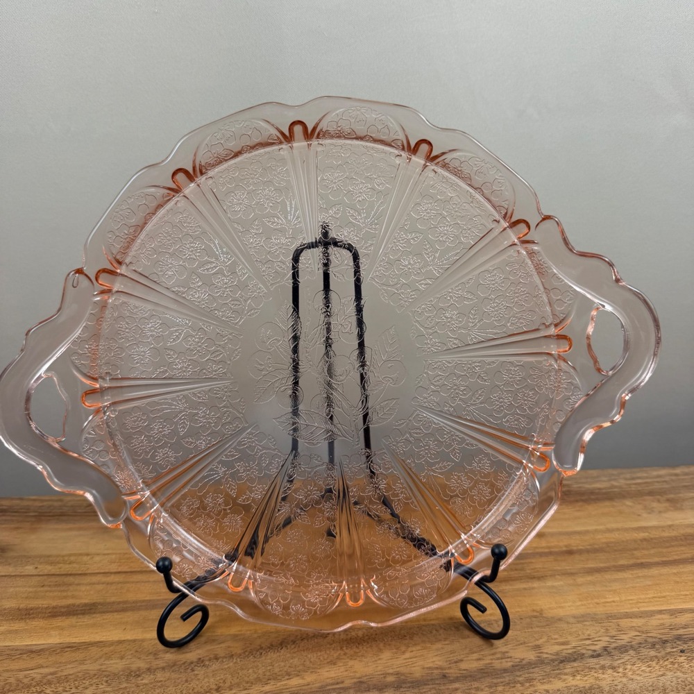 Jeanette Cherry Blossom Pink Depression Glass Handled Platter Cake Plate 12.5"